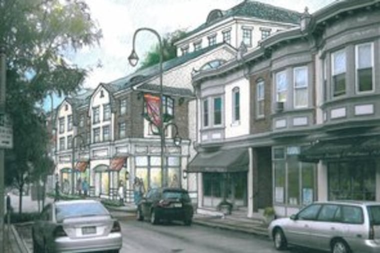 The retail/residential plan for Cricket Plaza puts the taller buildings farther from the street. Merchants on Cricket Avenue, with its current vacancies, seem heartened.
