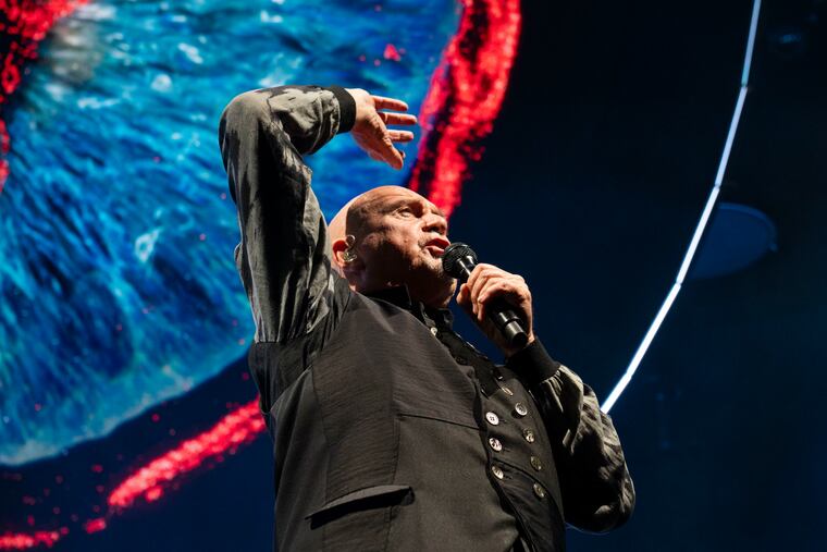 Peter Gabriel performs his song "Panopticom" at the Wells Fargo Center in Philadelphia on Saturday, Sept. 16, 2023.