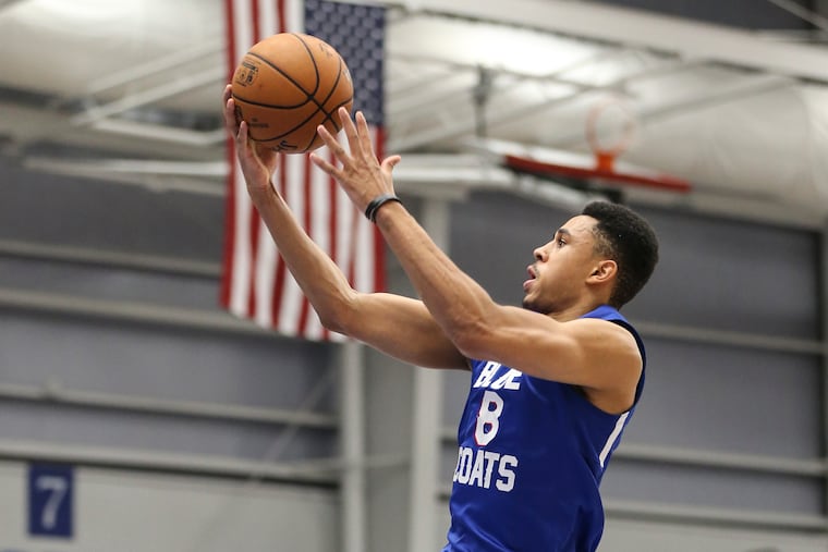 Delaware Blue Coats' Zhaire Smith goes up for a basket against the Greensboro Swarm during the 4th quarter of NBA "G" league game in Wilmington Delaware, Monday, November 11, 2019 Blue Coats beat the Swarm 141-135