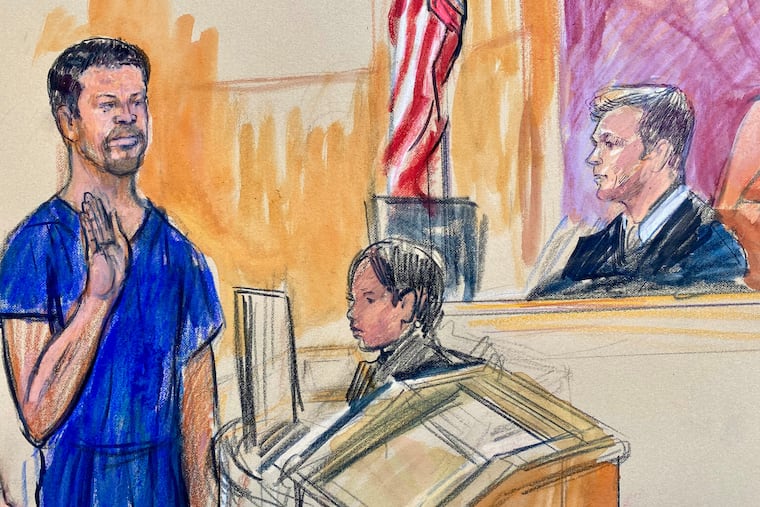A courtroom sketch depicts the federal court appearance of Cole Tomas Allen, left, the California man charged in the Saturday shooting incident at the correspondents’ dinner in Washington.