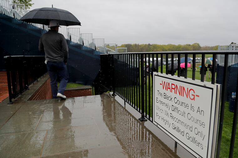 Adrian Otaegui walks down to Bethpage Black's first tee to begin a practice round for the PGA Championship on Monday.