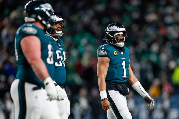 Eagles quarterback Jalen Hurts walks off after an incomplete pass with 40 seconds left during the fourth quarter against the 49ers.
