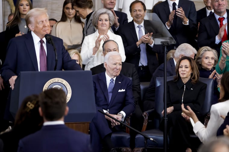 President Donald Trump delivers remarks after being sworn in as the 47th president of the United States during the 60th Presidential Inauguration in the Rotunda of the U.S. Capitol in Washington, Monday, Jan. 20, 2025, as former President Joe Biden and former Vice President Kamala Harris look on.