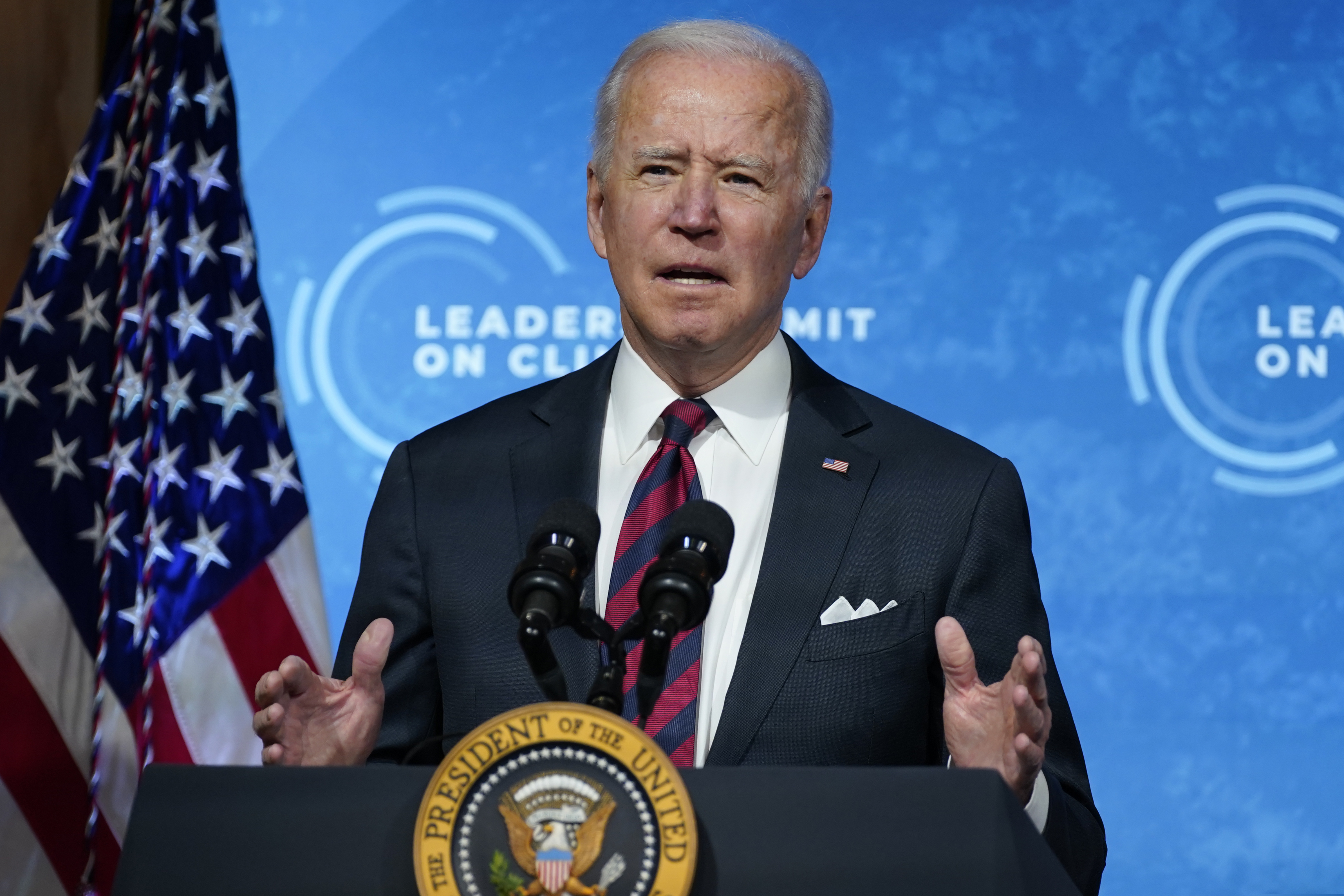 President Joe Biden speaks to the virtual Leaders Summit on Climate from the East Room of the White House on Thursday.