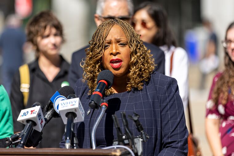 Philadelphia City Councilmember Jamie Gauthier speaking during a news conference in September 2022. She is leading an effort to invest millions more in city dollars to address quality-of-life issues like illegal dumping and street safety.