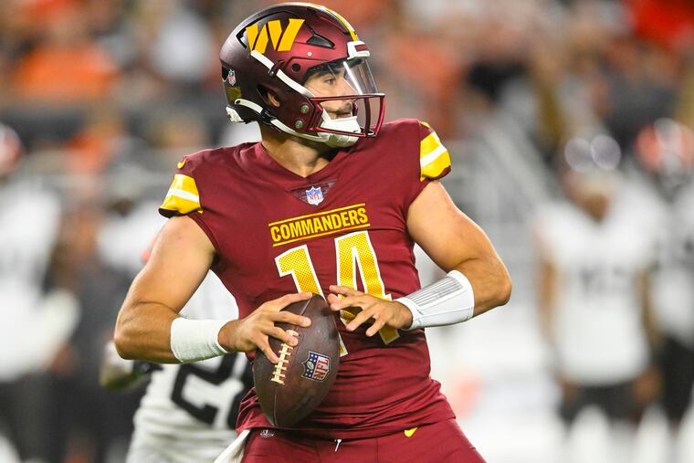 Washington Commanders quarterback Sam Howell looks to pass against the Cleveland Browns during a preseason game on Aug. 11.