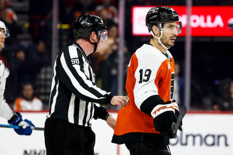 Flyers right wing Garnet Hathaway skates during the first period against Colorado on Sunday. He has not scored this season.