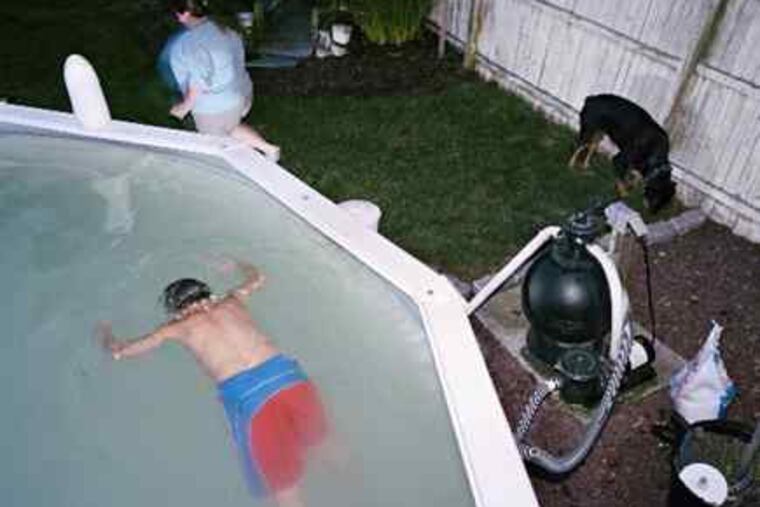 Bradley Peters' photograph, left, "Untitled (Boy in Swimming Pool)," at the Philadelphia Photo Arts Center. At right, a detail of Ligia Bouton's "Tea and Table-tilting," Philadelphia Art Alliance.