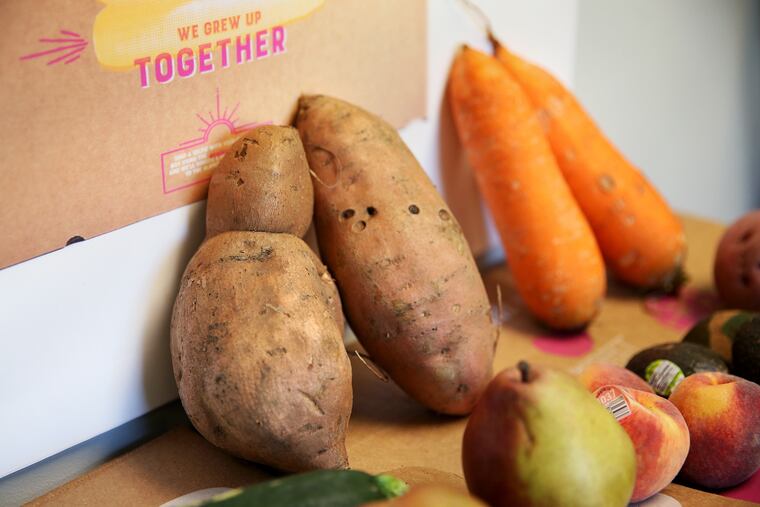 Examples of produce are on display at the Imperfect Produce warehouse in Pennsauken, N.J. The company and others like it sell packages of surplus produce that do not meet the aesthetic standards required by grocery stores, potentially bypassing related shortages.