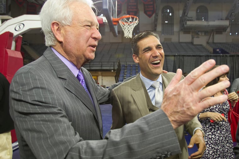 Big 5 Hall of Fame inductee Bill Raftery, left, a La Salle graduate and broadcaster, jokes with Villanova Head Coach Jay Wright before the Big 5 Hall of Fame ceremony on April 13, 2015. (CHARLES FOX / Staff Photographer)