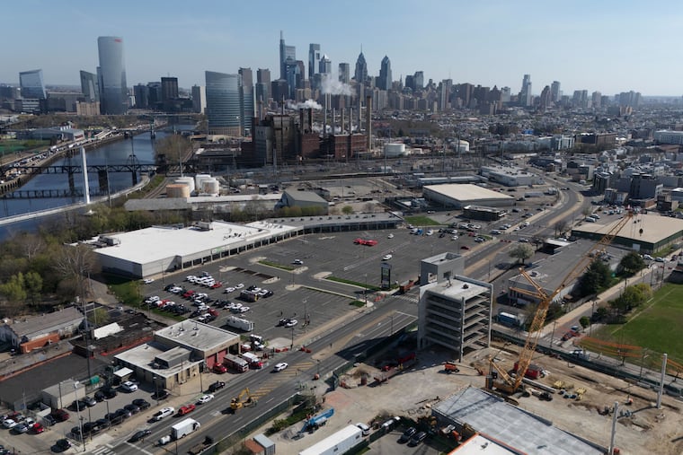 A drone view on Thursday, April 9, 2026, of a parking garage that partially collapsed on April 8 in Grays Ferry. The garage was under construction at 30th Street and Grays Ferry Avenue.