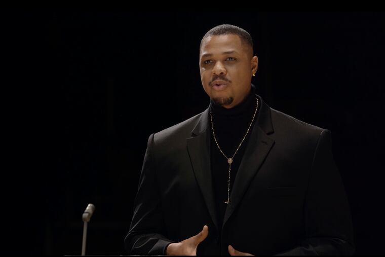 Bass-baritone Davone Tines performing "Sermon" with the Philadelphia Orchestra in Verizon Hall for the orchestra's Digital Stage series.