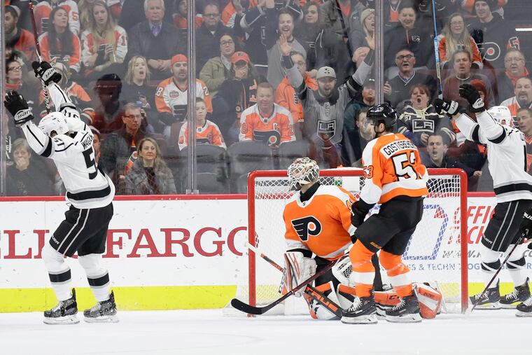 Kings left wing Austin Wagner (left) celebrates a first-period goal against the Flyers last season. The Orange & Black was 7-16-2 at home last year when they gave up the first goal, including this game which they lost in a shootout. They were 12-2-2 when they scored first at the Wells Fargo Center.