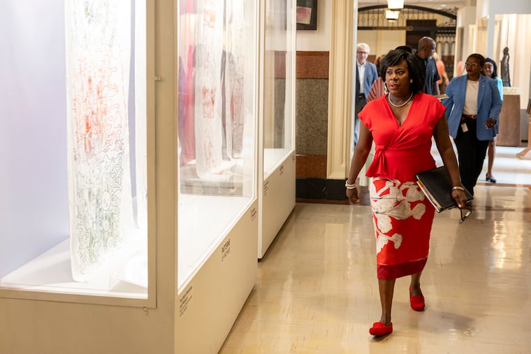 Mayor Cherelle L. Parker arrives for a presser on AFSCME DC 47 and the city of Philadelphia reaching a tentative agreement at City Hall in Philadelphia on Wednesday, July 16, 2025.