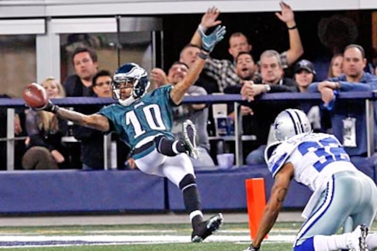 DeSean Jackson takes the Nestea Plunge into the end zone after his career-long 91-yard TD catch-and-run at Dallas in 2010. Ron Cortes / Staff Photographer