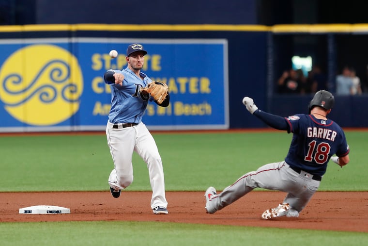 Tampa Bay Rays second baseman Daniel Robertson throws to first base after forcing out Minnesota Twins Mitch Garner during the first inning of a baseball game Sunday, June 2, 2019, in St. Petersburg, Fla. (AP Photo/Scott Audette)