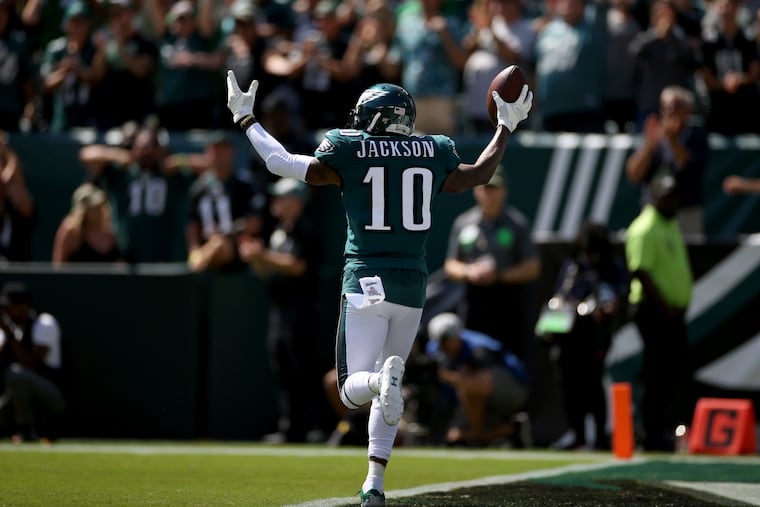DeSean Jackson celebrates his first of two 50-plus yard touchdowns against the Redskins in the Eagles' 32-27 season-opening win.