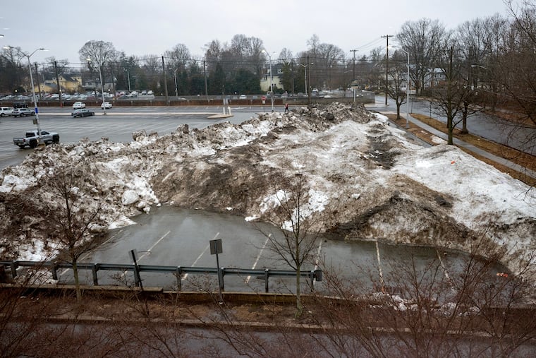 The plowed snow at a corner of the PATCO Haddonfield station parking lot Thursday morning Mar. 5, 2026.