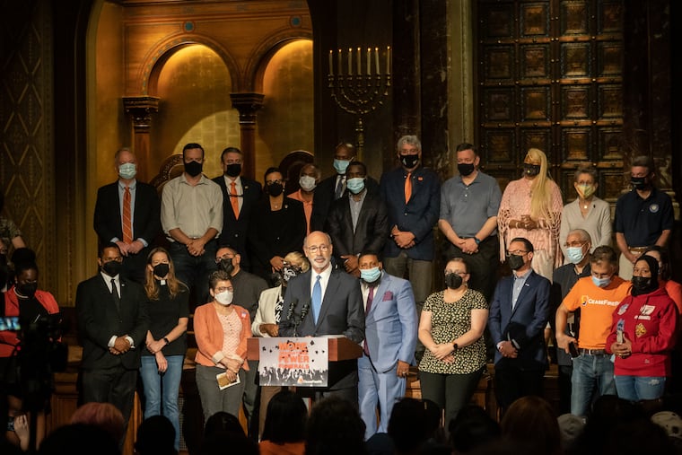 Gov. Tom Wolf speaks at the “Uvalde to Pennsylvania End Gun Violence Rally” at Congregation Rodeph Shalom.