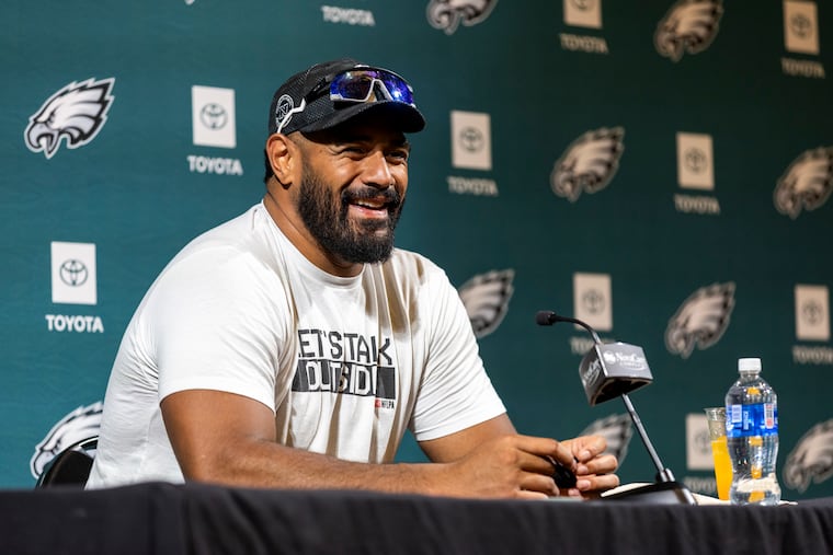 Eagles offensive tackle Jordan Mailata talks to the media Tuesday at the NovaCare Complex.