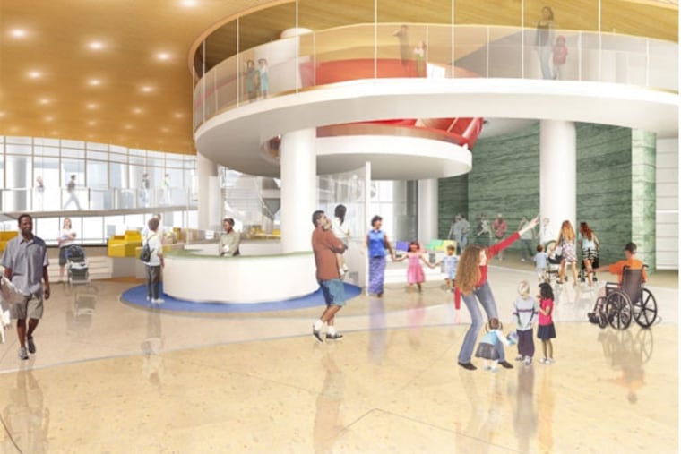 Artist rendering of the "Giant Lobby" in The Children's Hospital of Philadelphia's $425 million Buerger Center for Advanced Pediatric Care, under construction on the institution's University City campus.
