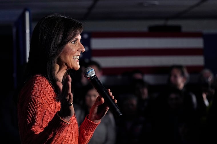 Nikki Haley addresses a gathering at a VFW hall during a campaign stop in Franklin, N.H., on Monday.