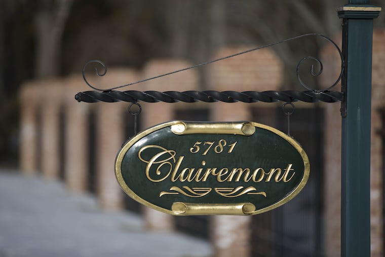 In this Wednesday, Feb. 11, 2015 photo shows a sign outside the mansion called Clairemont, in New Hope, Pa. Three fires in five years at the home of the local Republican fundraiser Claire Risoldi and her family, have led to $20 million in insurance payouts as well as sweeping fraud charges against Risoldi, her family members and others.
