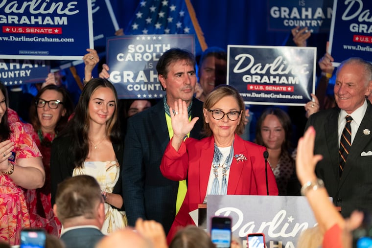 Sen. Darline Graham (R-S.C.) speaks during an election night watch party in Columbia, S.C., on Tuesday, Aug. 25, 2026. Graham, a longtime administrator of disability services, has won the special Republican primary election for the Senate seat that her brother, late Senator Lindsey Graham, held for more than two decades, according to The Associated Press.