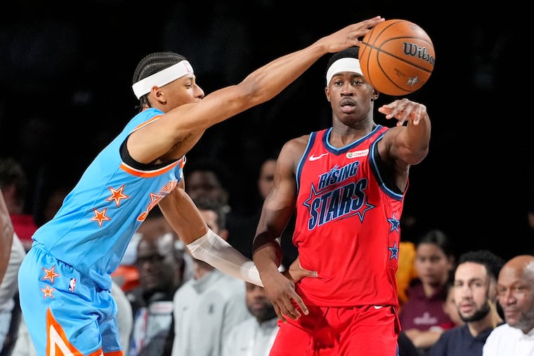 Team Vince guard VJ Edgecombe won MVP of the Rising Stars game and was elated to meet Kareem Abdul-Jabbar.