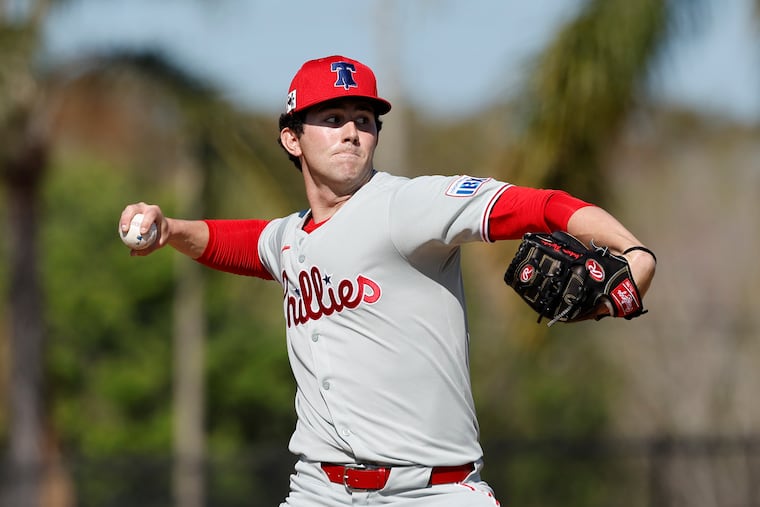 Phillies prospect Andrew Painter throwing live batting practice at the Carpenter Complex in Clearwater, Fla., on March 14.