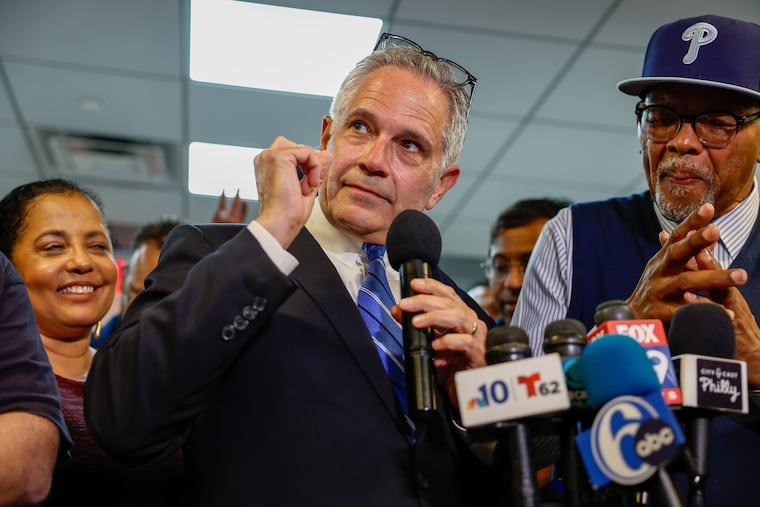 District Attorney Larry Krasner speaks to supporters at his primary election night party at the Graham Building.