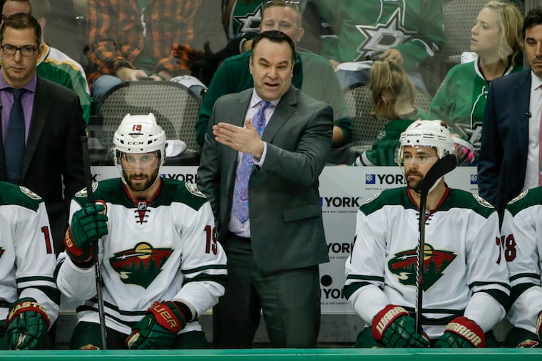 April 16, 2016: Minnesota Wild head coach John Torchetti during the first period of the NHL Western Conference Quarter Finals Playoff game between the Minnesota Wild and the Dallas Stars at the American Airlines Center in Dallas, TX. The Stars and Wild are tied 0-0 Tim Warner/CSM. (Cal Sport Media via AP Images)