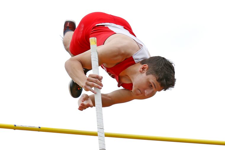 Delsea junior Marco Morales clears the bar at 13 feet in the pole vault at the Woodbury Relays on Saturday.