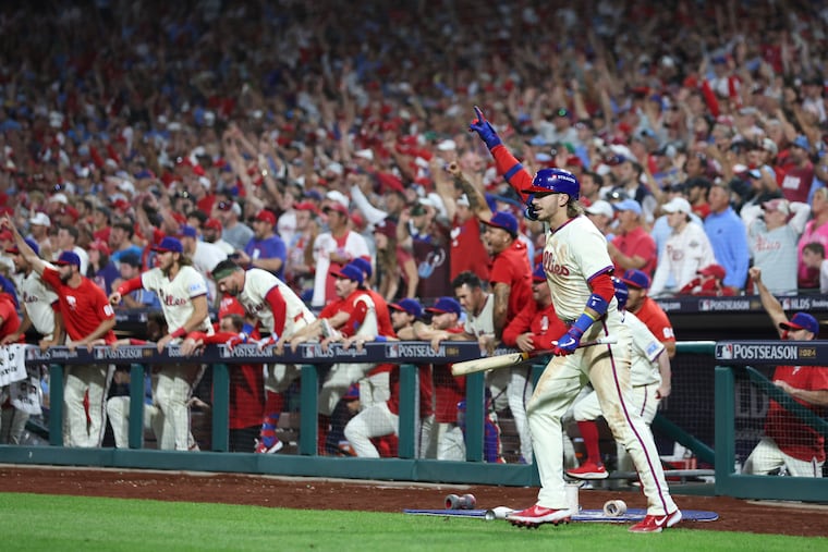Philadelphia Phillies second baseman Bryson Stott celebrates after Game 2 of the NLDS at Citizens Bank Park on Oct. 6. The Phillies beat the N.Y. Mets in a walk-off by Nick Castellanos.