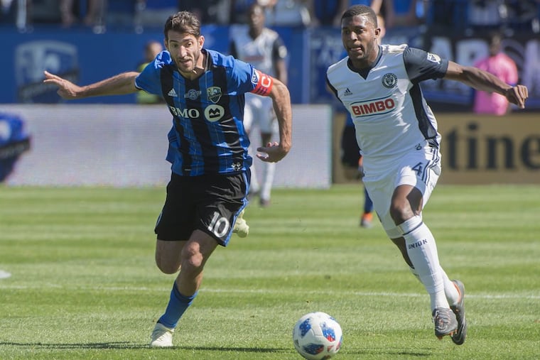 Philadelphia Union defender Mark McKenzie (right) is chased by Montreal Impact midfielder Ignacio Piatti during the first half of the Union’s 2-0 win at Stade Saputo.
