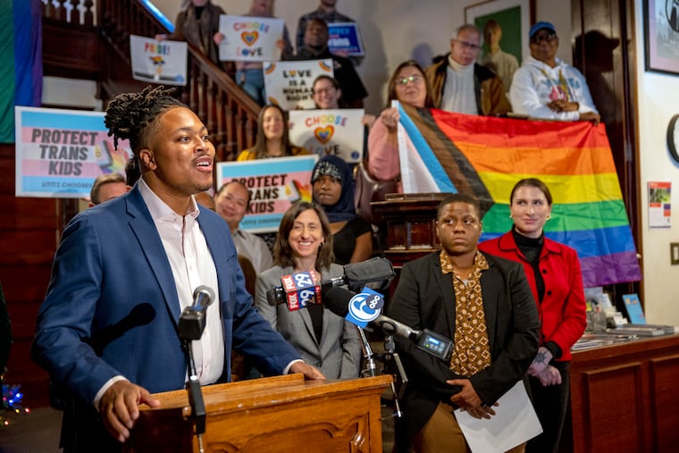 State Rep. Malcolm Kenyatta speaks at a press conference at the William Way Center Tuesday as Democratic lawmakers and advocates call for the passage of a slate of bills protecting LGBTQ+ students in Pennsylvania schools.