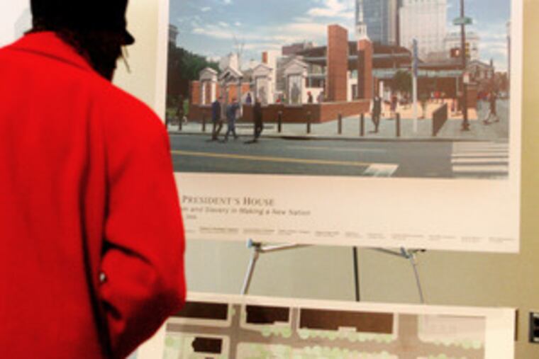 A visitor gazes at architect's rendering of President's House, home to George Washington and John Adams. The museum also will tell the story of Washington's nine slaves who lived there at the time.