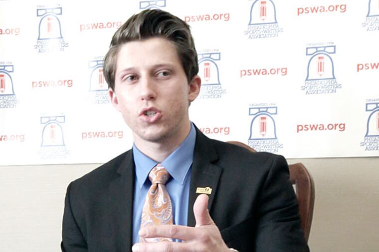 Richie Suarez talks about being named the winner of the 2015 Most
Courageous Athlete Award prior to the 111th Phila. Sports Writers
Annual Awards Dinner, at the Crowne Plaza Hotel in Cherry Hill, on
January 16, 2015. Suarez, 22, is from Voorhees. (Elizabeth Robertson/Staff Photographer)