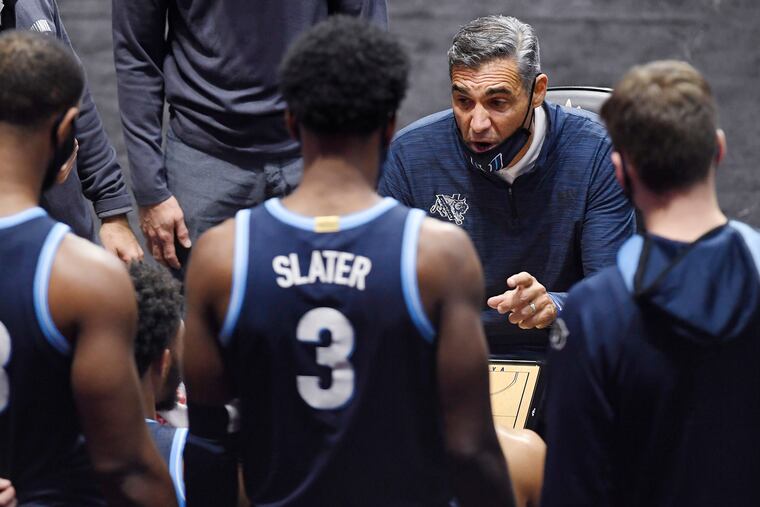 Villanova coach Jay Wright talking to the team during the second half of a game against Arizona State on Thursday in Uncasville, Conn.