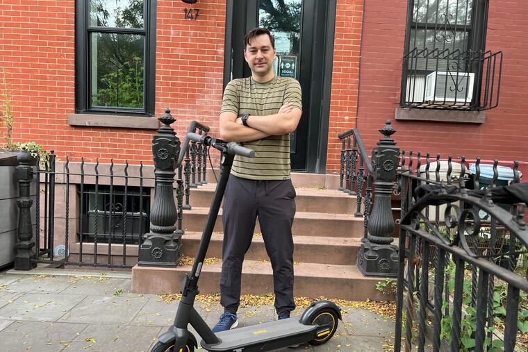 Dan Guido in Brooklyn with his electric scooter. He tracked it down using Apple AirTags after it was stolen.