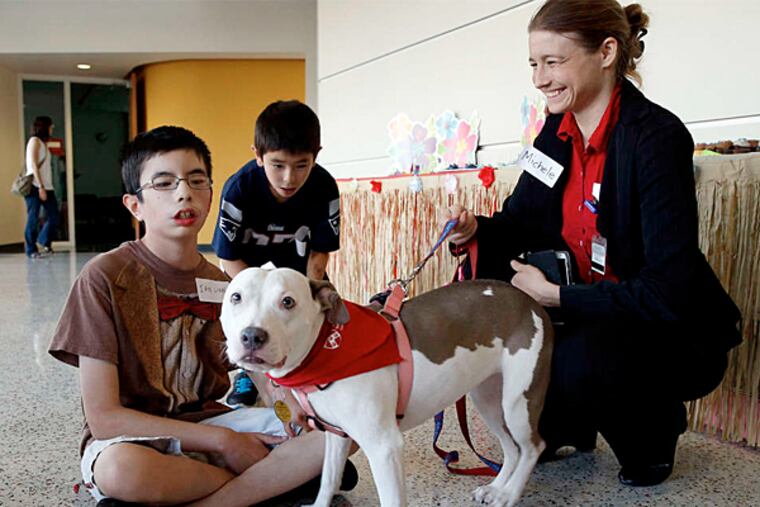Ian Linn (left) and brother Andrew greet Vivian, a terrier-pit bull mix, and counselor Michele Pich during the "Best Friends Bash" at the University of Pennsylvania School of Veterinary Medicine. (Yong Kim / Staff Photographer)