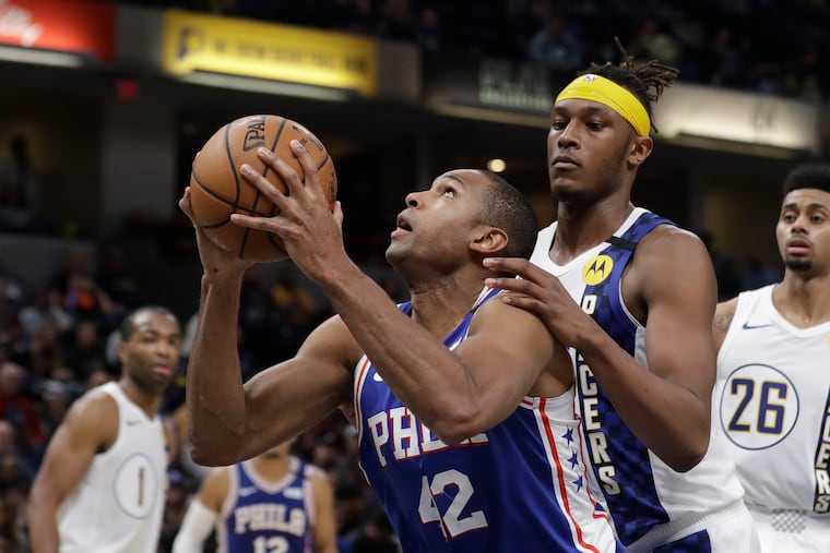 Al Horford goes up against the Indiana Pacers' Myles Turner on Jan. 13 in Indiana.