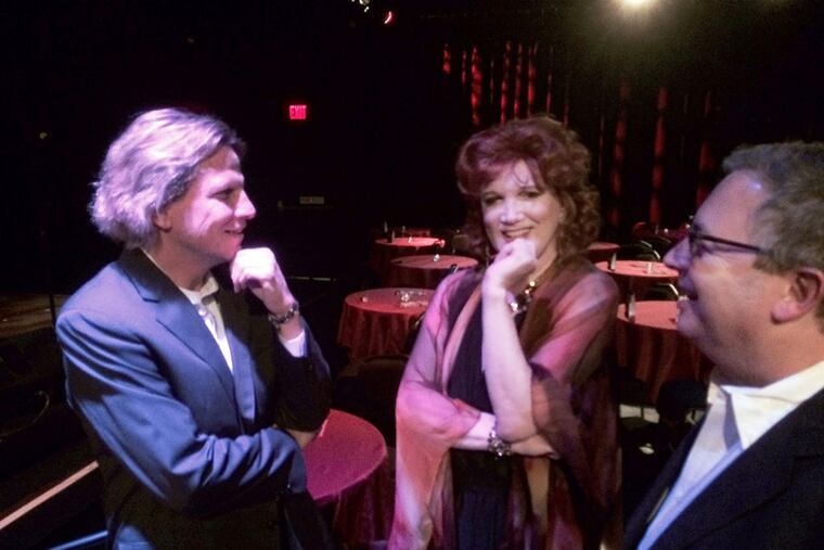 Cabaret promoters Robert Kotonly (left) and Rory Paull flank a star attraction, Charles Busch. (JONATHAN TAKIFF/Inquirer Staff)