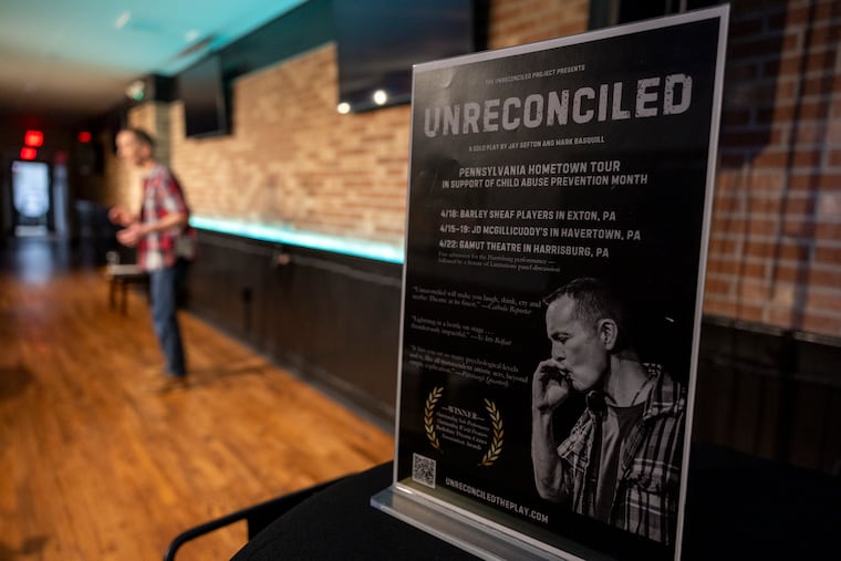 Actor Jay Sefton, performing a rehearsal for his solo play UNRECONCILED in Havertown, Pa., on Tuesday., April. 14, 2026.