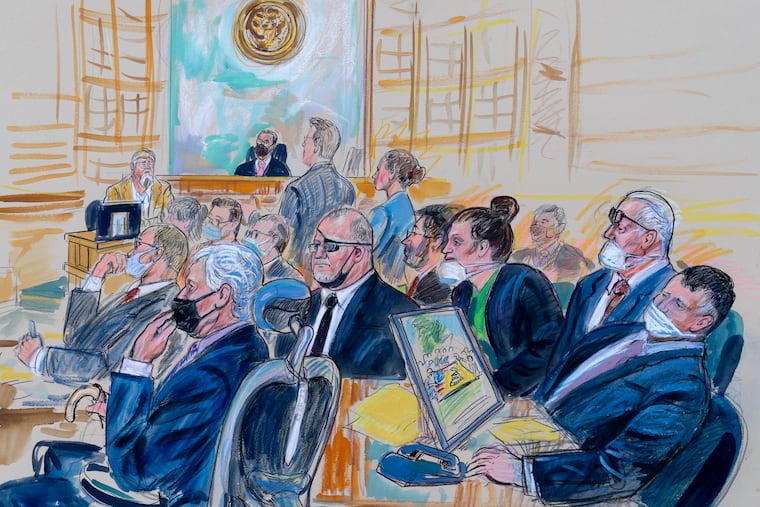 This artist sketch depicts the trial of Oath Keepers leader Stewart Rhodes and four others charged with seditious conspiracy in the Jan. 6, 2021, Capitol attack, in Washington, in October.