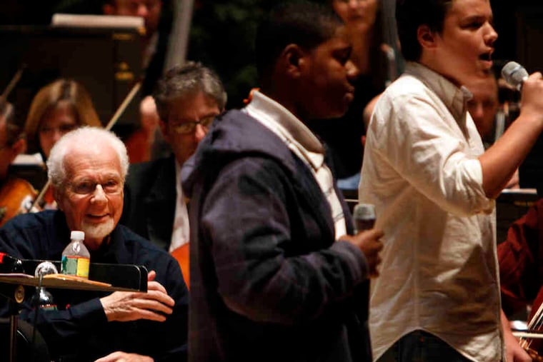 Peter Nero (left) watches Aaron Houston and Nathan Butler rehearse. Lawyers for Nero objected last week to the Philadelphia Orchestra's choice of law firm in bankruptcy proceedings.