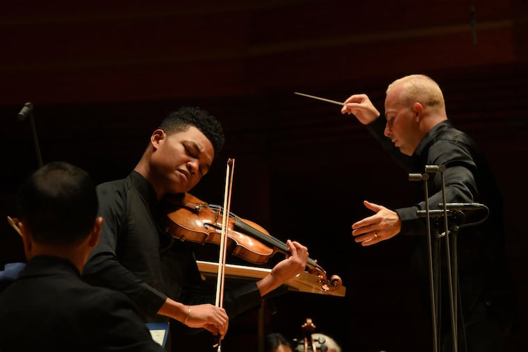 Violinist Randall Goosby performing one of Florence Price's violin concertos with the Philadelphia Orchestra, Yannick Nezet-Seguin conducting, Oct. 6, 2022 in Verizon Hall.