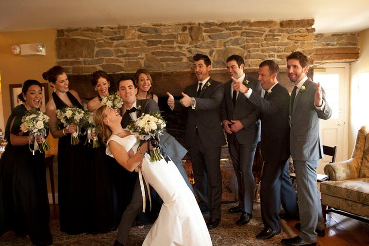 The wedding party in order from left to right: Sarah Weller, Maribeth Hatalski, Tina Taylor, Lindsay Rodemer Lucas, Kara Rodemer, J.Mike Hatalski, Jon-Chris Hatalski, Ryan Hanna, Derek Koffel, Nate Harar. (Jennifer Brown)