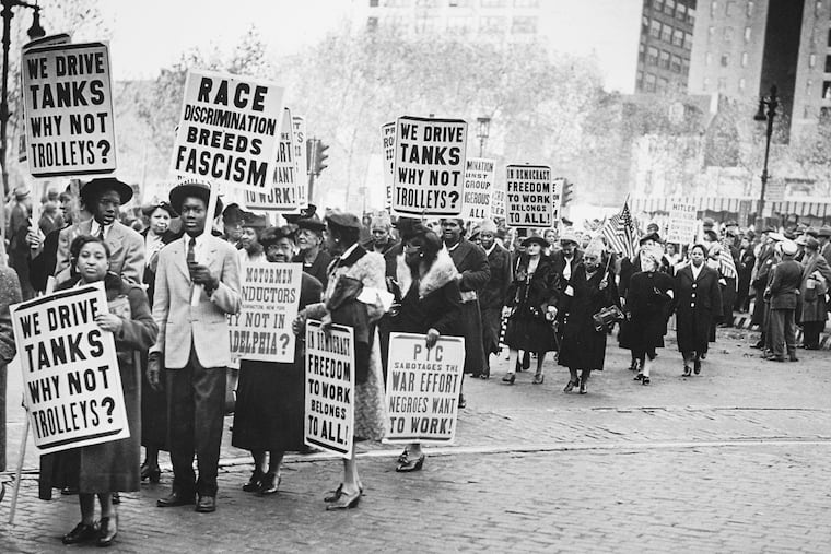Mosley documents a protest march against the discriminatory hiring practice of the Philadelphia Transportation Company in the 1940s.