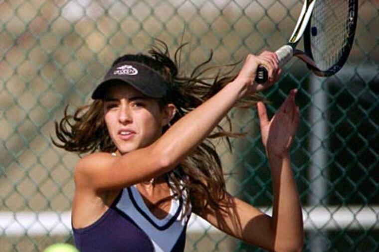 Eastern's No. 1 Steph Kaplan hits against Midland's Sydni Fahringer during the South Jersey Girls Tennis Group 4 final (Ron Tarver / Staff Photographer)